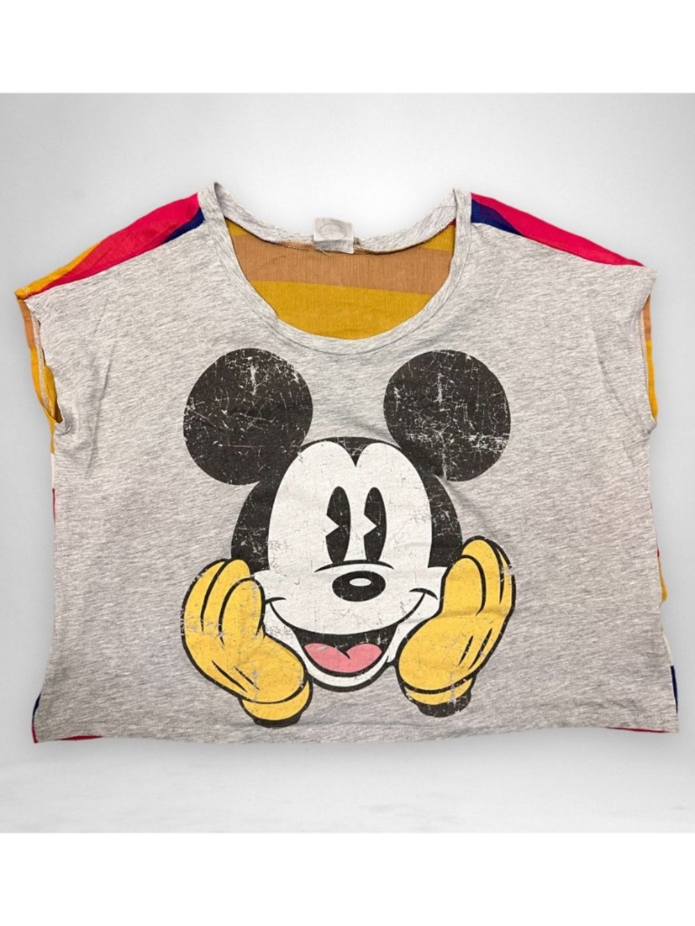 Disney Mickey Mouse Boxy Crop T-Shirt with Colorful Retro Look, See-Thru Back, M